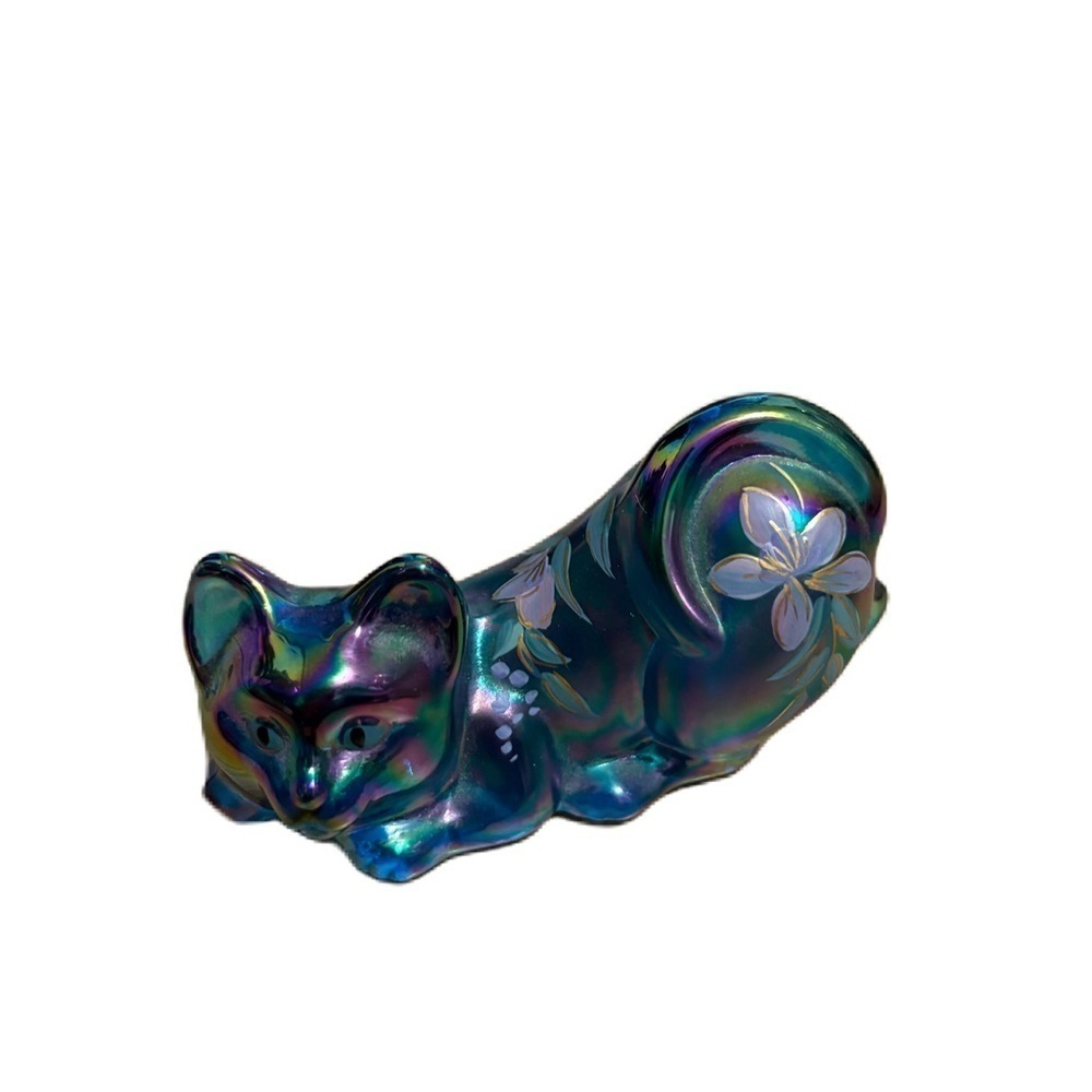 Fenton S. Hopkins Hand Painted Floral Blue Carnival Glass Pouncing Cat Figurine